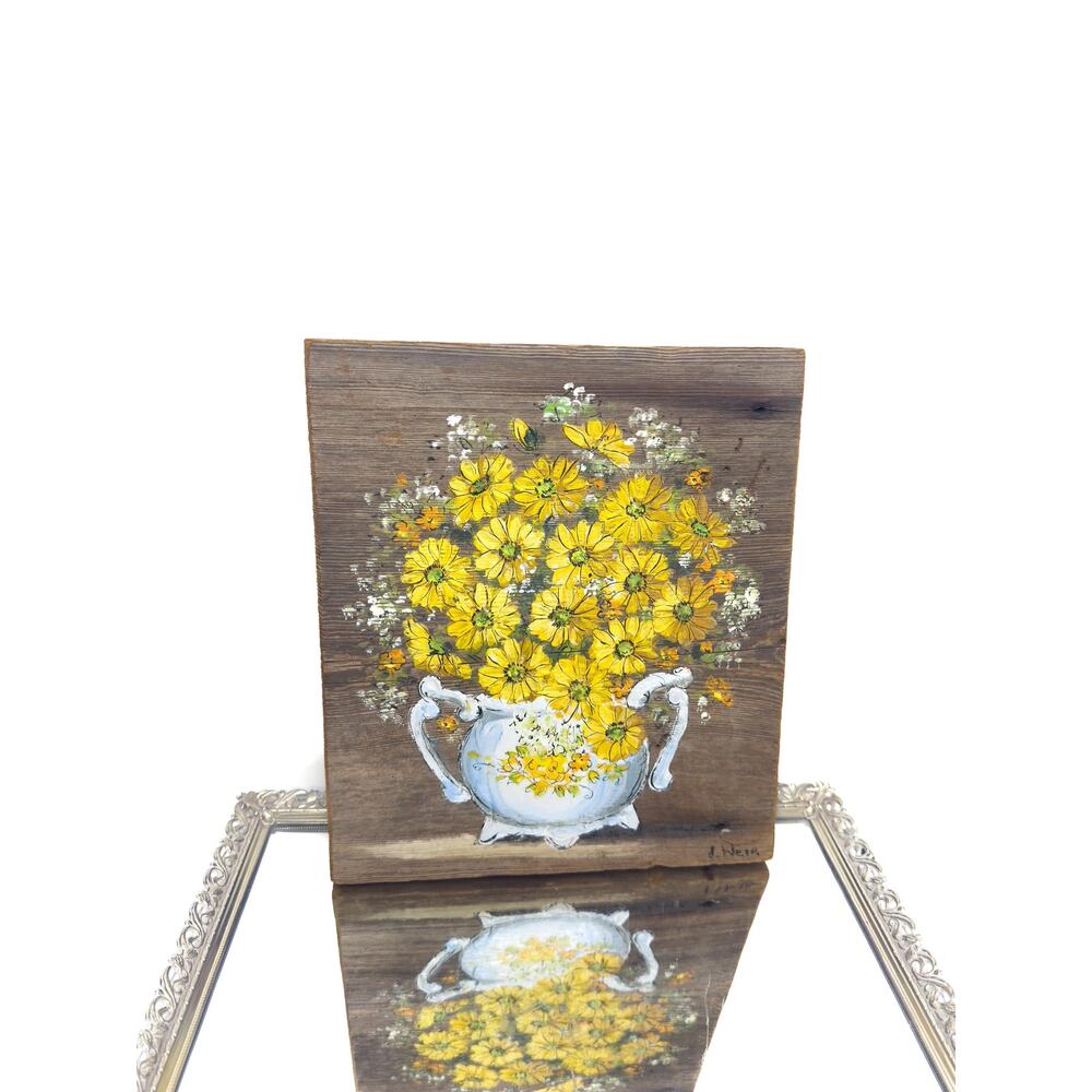 Vintage Signed Yellow Floral Still life on wood plaque , Country Cottage Farmhou